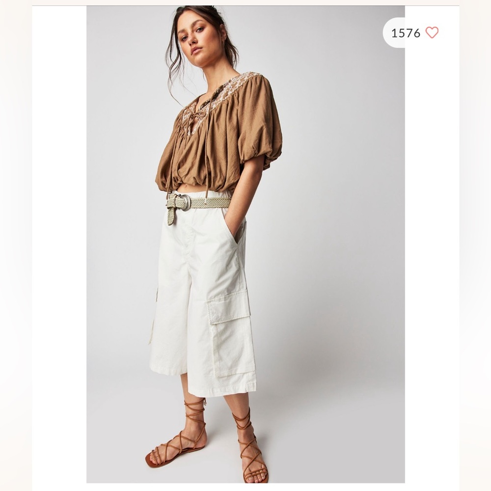 NWT $179 Free People Joni Embroidered Crop Top Blouse tan white women size XS